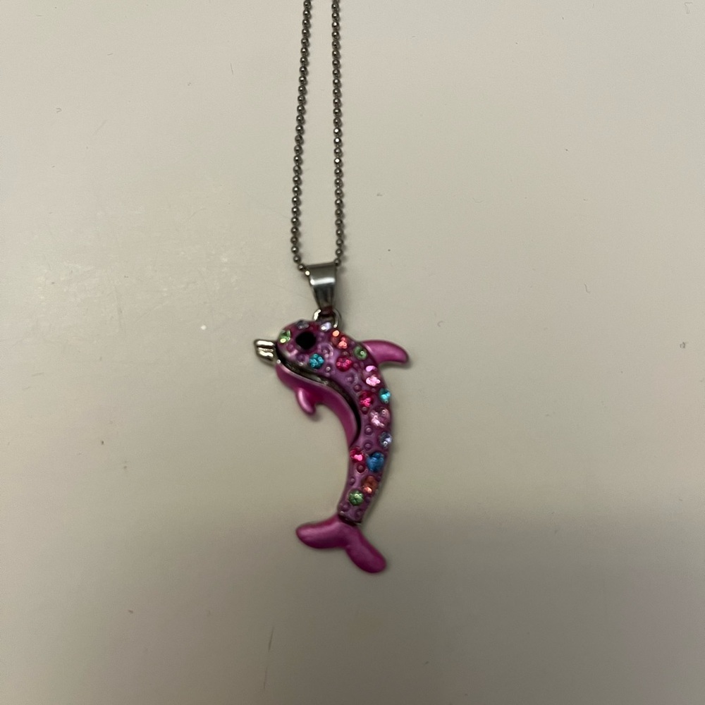 Pink Dolphin Pendant Necklace with Multicolor Rhinestones